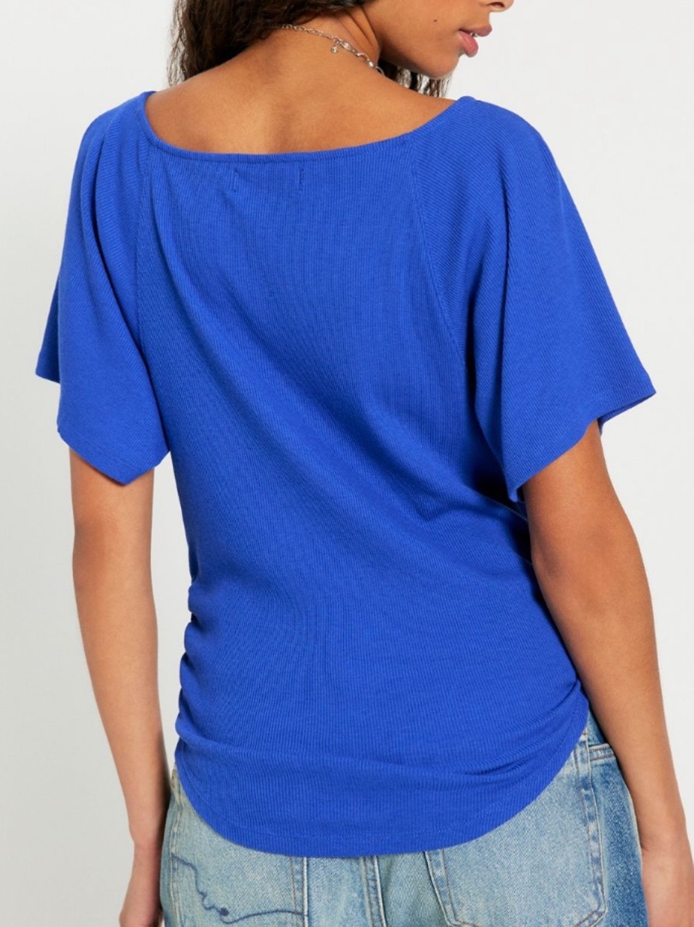 Free People Lucy Off-The-Shoulder Tee T Shirt Top Ribbed Blue Size XL - Picture 3 of 9
